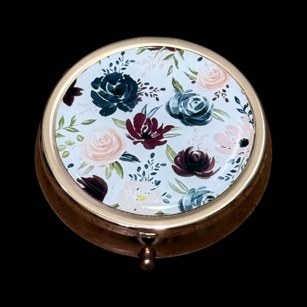 Cute Floral Portable Round Metal Pill Organizer Case